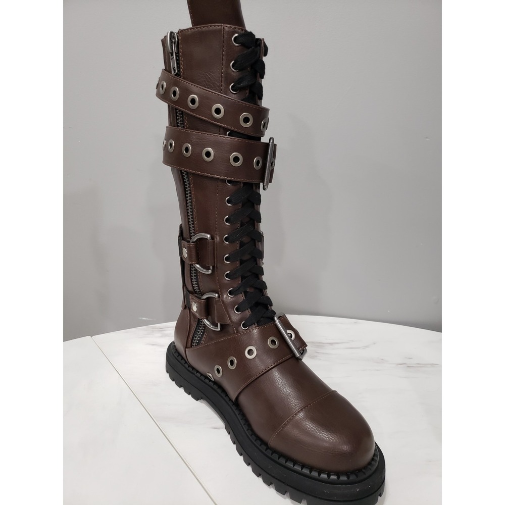 SIZE 9 Dolls Kill Club Exx COMBAT BOOTS STEAMPUNK cyberpunk gothic strappy brown - Picture 5 of 16